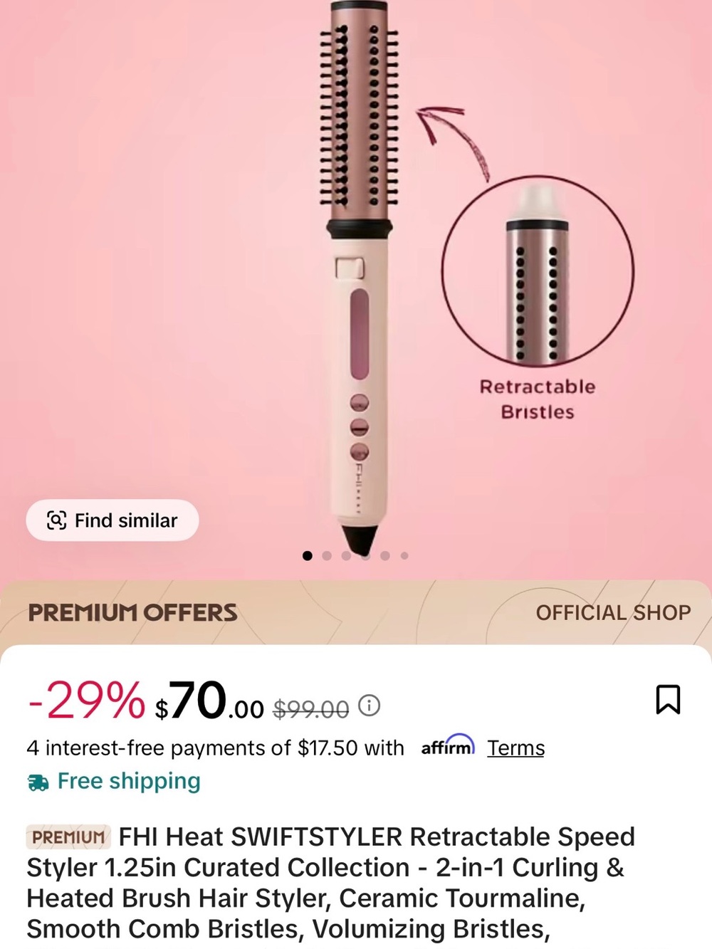 Retractable Heated Styling Brush - Pink 2-in-1 Volumizing Styler